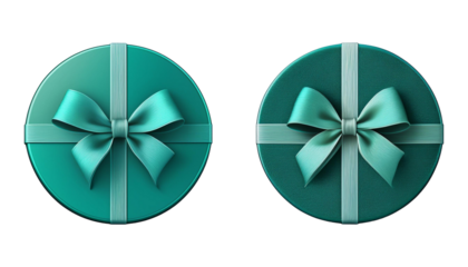 2 Set of turquoise blue green gift present round circle box with bow ribbon  on transparent background
