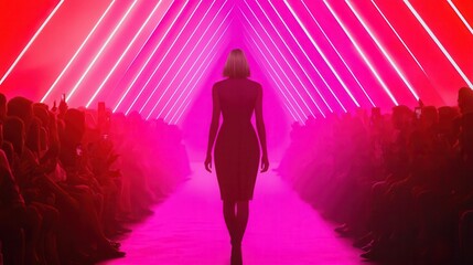 A model walks the runway illuminated by vibrant pink and red lights, surrounded by an audience captivated by the stunning display.