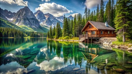 Fototapeta premium Mountain cabin reflecting on crystal clear lake