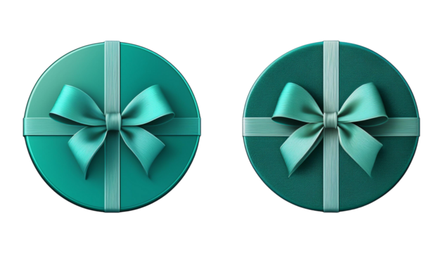 2 Set of turquoise blue green gift present round circle box with bow ribbon  on transparent background