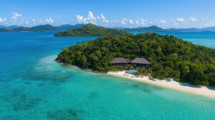 Fototapeta premium Aerial view of a tropical island with lush greenery and a serene beach, crystal-clear waters, and distant mountain ranges under a bright blue sky.