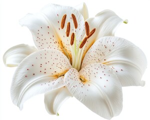 A delicate white lily with visible stamens and soft, smooth petals, isolated on white background