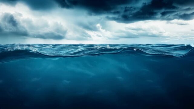 Rolling ocean waves beneath a moody, overcast sky, evoking a sense of vastness and power as dark clouds loom above the deep, turbulent waters.