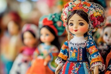 Fototapeta premium Colorful traditional dolls in a vibrant market. Each doll has unique clothing and styles. A symbol of culture and craftsmanship. Beautiful and artistic display. Generative AI