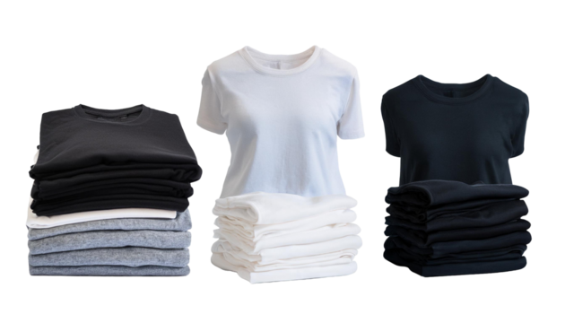 3 Set of pile stack group of folded blank black grey gray white tee t shirt sweater round neck  on transparent background