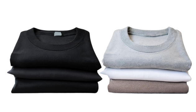 3 Set of pile stack group of folded blank black grey gray white tee t shirt sweater round neck  on transparent background