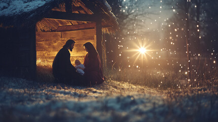 serene scene depicting rustic stable with Mary and Joseph beside newborn, illuminated by soft light and gentle snowfall, evoking sense of peace and warmth © Diamond Obaom