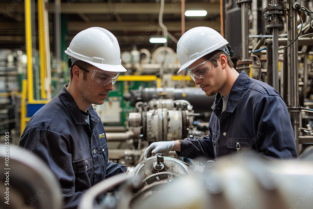 Wall mural two engineers wearing hard hats and safety glasses examine equipment in a manufacturing facility dur