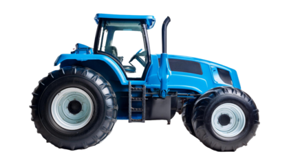 A bright blue toy tractor with large wheels against on transparent background