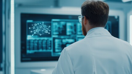 A scientist in a lab coat analyzes data on a digital screen, showcasing interconnected nodes and complex graphical representations.