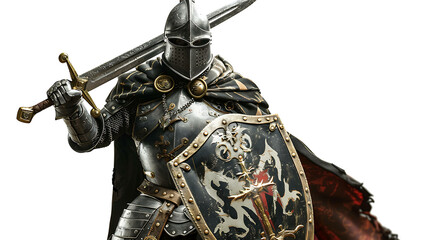 A medieval knight in full armor stands with his sword drawn, a shield adorned with a coat of arms.