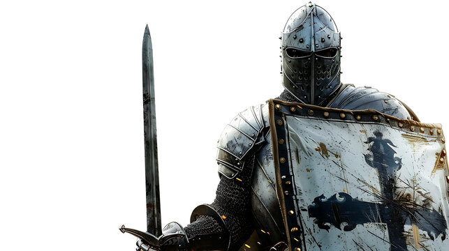 A knight in full armor stands with a sword and shield against a white background.