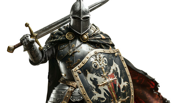 A medieval knight in full armor stands with his sword drawn, a shield adorned with a coat of arms. - Powered by Adobe