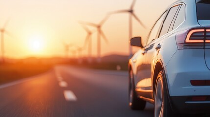 A tranquil sunset scene featuring a car beside a road with wind turbines, symbolizing eco-friendly transportation and renewable energy.