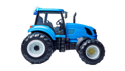 Obraz premium A bright blue toy tractor with large wheels against on transparent background