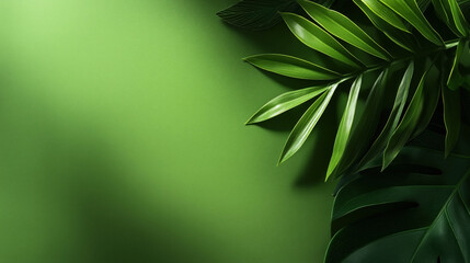 Fototapeta premium Green tropical leaves on a textured green background, featuring vibrant foliage and natural patterns, creating an organic and fresh atmosphere.