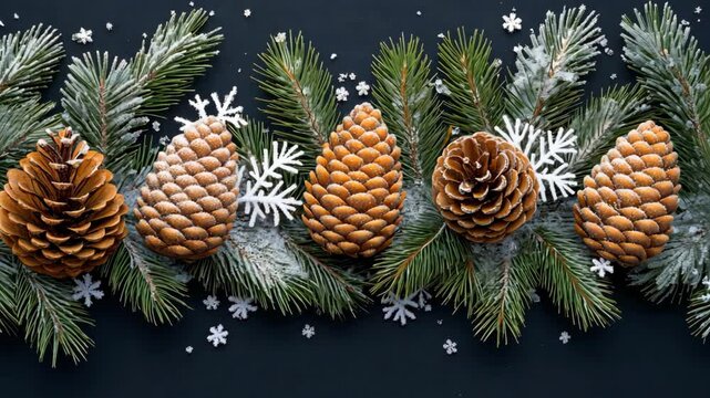 abstract Christmas background of snowflake on blackboard decorated with pine cones and needle leaf branches
