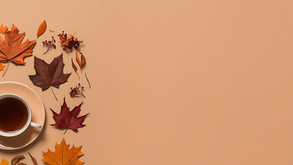 cup of coffee with autumn leaves, autumn leaves,
fall season, copy space background