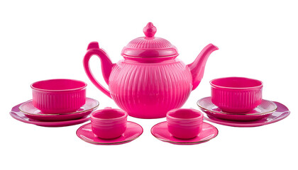 A bright pink toy tea set with cups, teapot, and plates  on transparent background