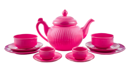 A bright pink toy tea set with cups, teapot, and plates  on transparent background