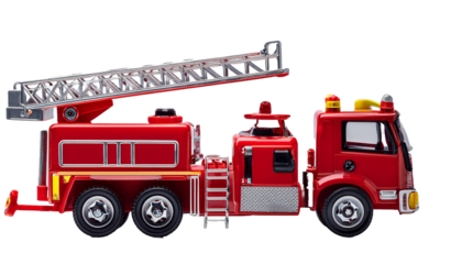 A bright red toy fire truck with a working ladder against a white backdrop on transparent background
