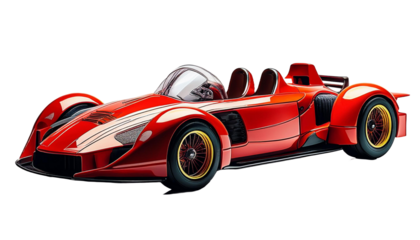 A bright red toy race car with sleek lines on transparent background