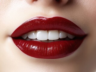 Fototapeta premium A detailed close-up of a woman's red lips slightly parted, revealing teeth, isolated on white background 