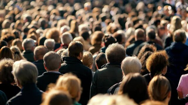 Dense crowd of people fills the frame, with heads and shoulders packed closely together, creating a sense of unity and diversity in a bustling, outdoor setting.