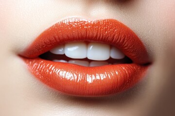 Fototapeta premium A detailed close-up of coral-colored lips slightly puckered, isolated on white background