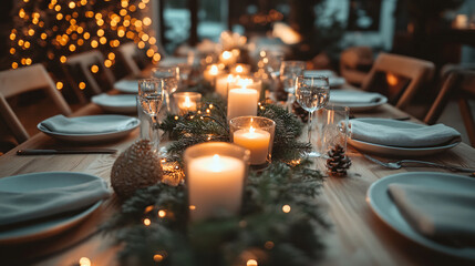 Festive Table Setting with Candles and Bokeh Lights