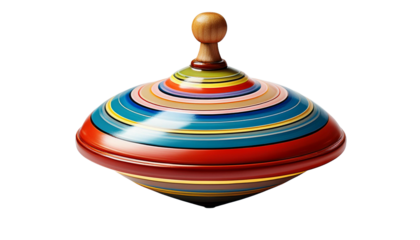 A classic spinning top toy, mid-spin, against a on transparent background