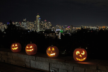 Seattle skyline from Kerry Park with Halloween jack o lanterns