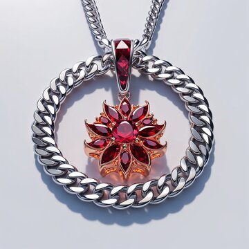 Silver chain with ruby charm fiery and luxurious