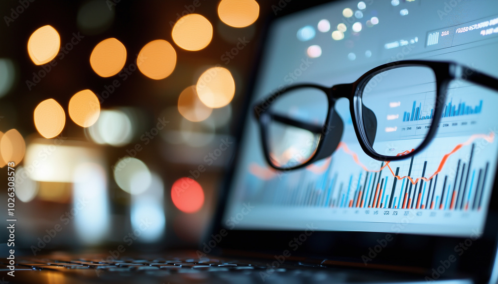 Aufkleber image features close up of glasses resting on laptop, displaying colorful graphs and data visualizations, creating professional and analytical atmosphere