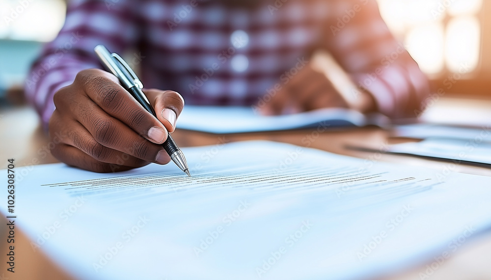 Poster business professional reviewing portfolio and taking notes with pen. focused expression highlights importance of task at hand, showcasing diligent work environment