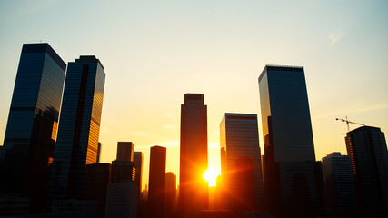 Fototapeta premium Corporate Skyline featuring tall glass buildings at sunset