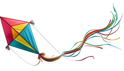 A colorful kite with a long tail spread out on transparent background