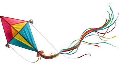 A colorful kite with a long tail spread out on transparent background