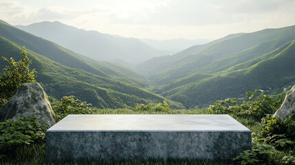 Tranquil scenic view of a concrete slab amidst lush green hills and majestic mountains under a calm sky.