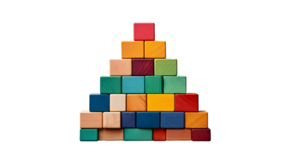 A colorful stack of wooden blocks arranged on transparent background