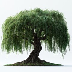 A large willow tree with long, drooping branches and detailed leaves, isolated on white background 