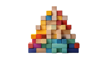 A colorful stack of wooden blocks arranged on transparent background