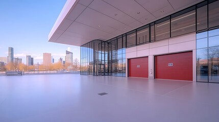 Obraz premium Modern Fire Station with Red Garage Doors: A sleek, modern fire station with large red garage doors and glass windows, reflecting the surrounding cityscape. 