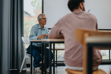 An elderly professor engages with students in a classroom, fostering a learning environment. The setting is modern and conducive to education and collaboration.