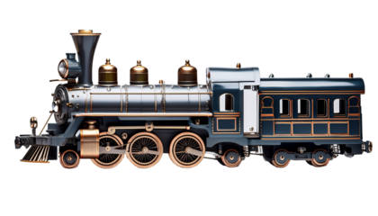 A detailed model train set, the locomotive standing on transparent background