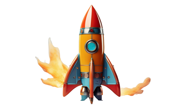 A model toy rocket ship with a flame coming out of the bottom on transparent background