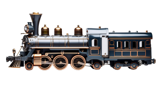A detailed model train set, the locomotive standing on transparent background