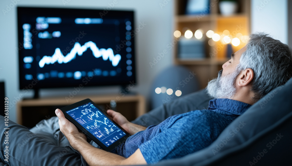 Poster professional man analyzing financial graphs on tablet while relaxing on couch, with stock market chart displayed on TV in background. scene conveys sense of focus and calm