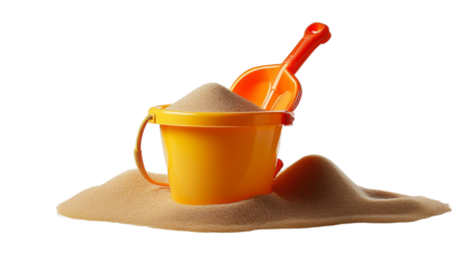 A plastic toy beach bucket with shovel on transparent background