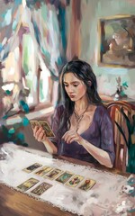 Fototapeta premium a young woman with long dark hair, sitting at a table and reading tarot cards